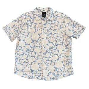 GAP Hawaiian Camp Shirt Mens Med Blue Linen Cotton Short Sleeve Beach Vacation